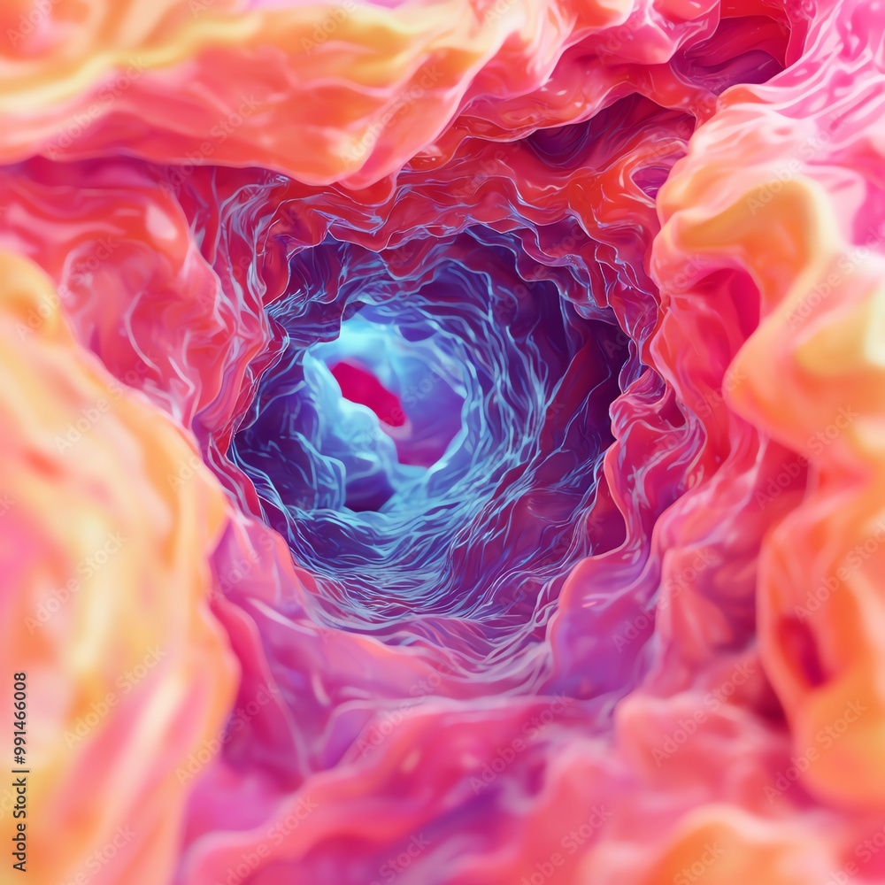 Poster a vibrant abstract swirling tunnel of colors, evoking a sense of depth and movement in a dynamic art