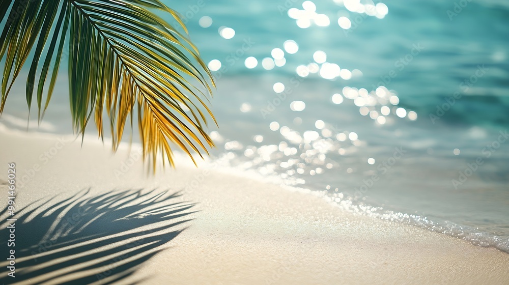 Aufkleber palm leaf shadow on abstract white sand beach background sun lights on water surface beautiful abstr