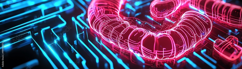 Poster futuristic digital artwork showcasing a glowing worm-like structure on a neon circuit background, sy