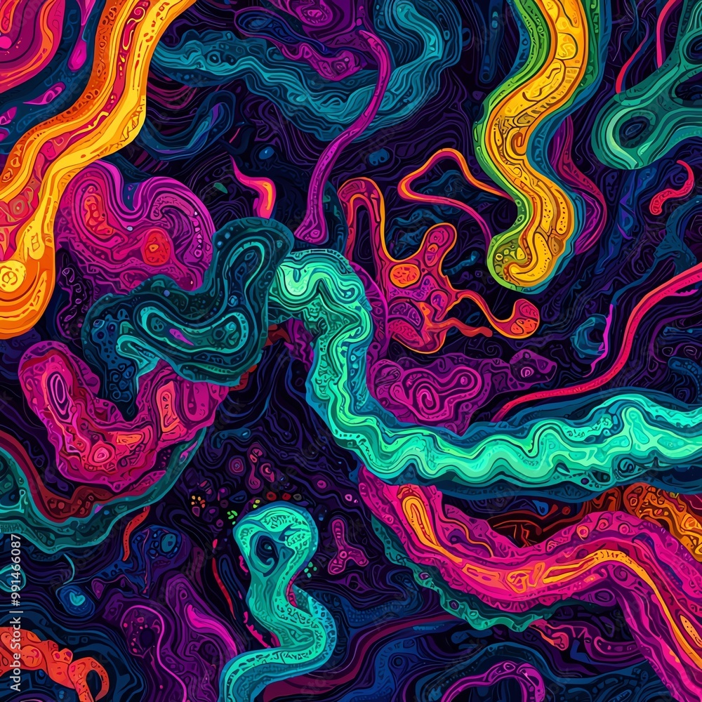 Poster vibrant abstract pattern showcasing colorful swirls and fluid lines in a mesmerizing dance of hues o
