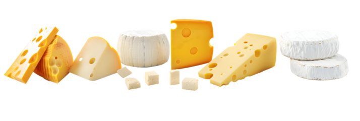 set of classic different types of cheese as milk dairy product display isolated on transparent png cutout background