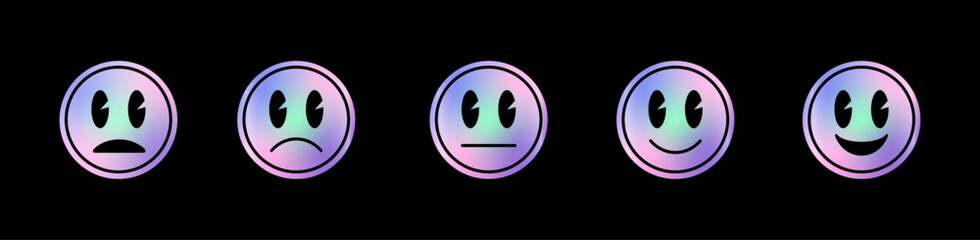 A set of holographic vector stickers featuring feedback icons representing emotions: excellent, good, normal, bad, and awful.  Satisfaction rating emblems and labels are designed in a Y2K style.