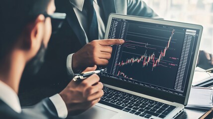 Business professionals analyzing stock market trends on a laptop during a meeting in a modern office setting
