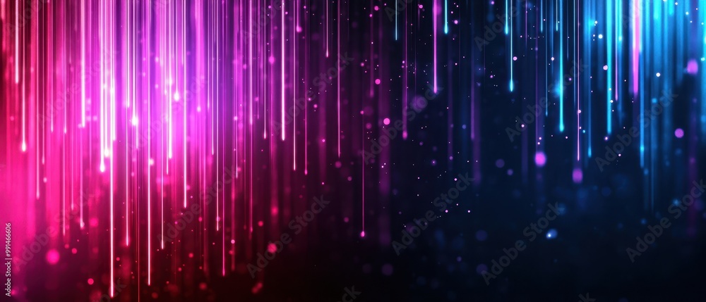 Poster colorful abstract lines with bokeh effects on a dark background.