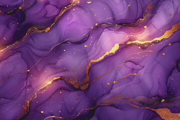 Obraz premium Vibrant purple and gold alcohol ink background with flowing shapes and golden veins.