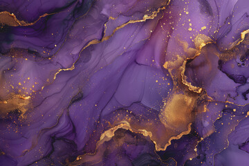 Fototapeta premium Vibrant purple and gold alcohol ink background with flowing shapes and golden veins.