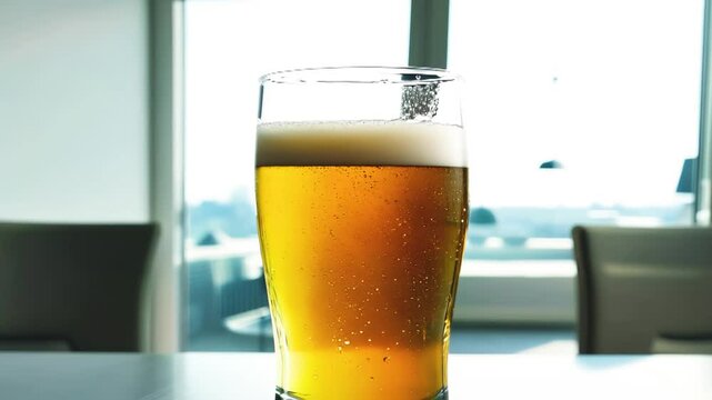 明るい昼間の机に置かれたグラスビール