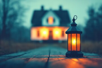 Fototapeta premium A glowing lantern in front of a cozy illuminated house at dusk.