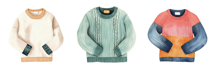 Colorful knit sweaters in various styles and patterns, isolated on transparent background