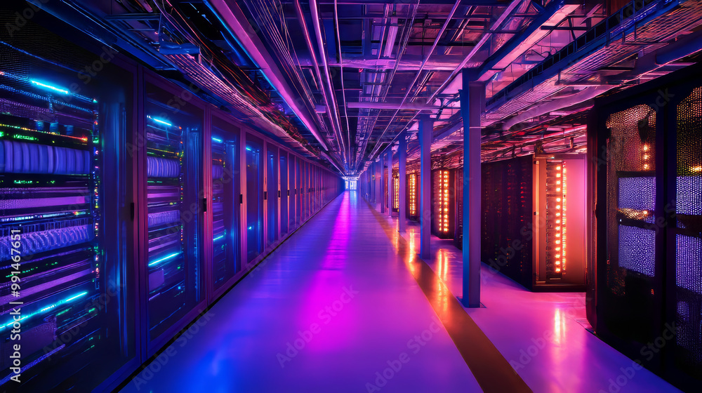 Poster a modern data center packed with powerful servers and supercomputers, showcasing cutting-edge techno