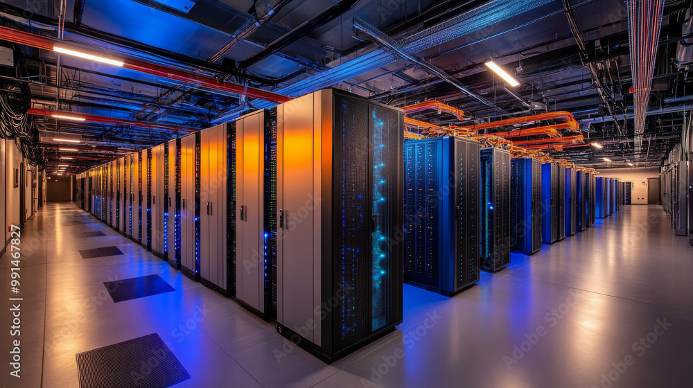 Poster a modern data center packed with powerful servers and supercomputers, showcasing cutting-edge techno