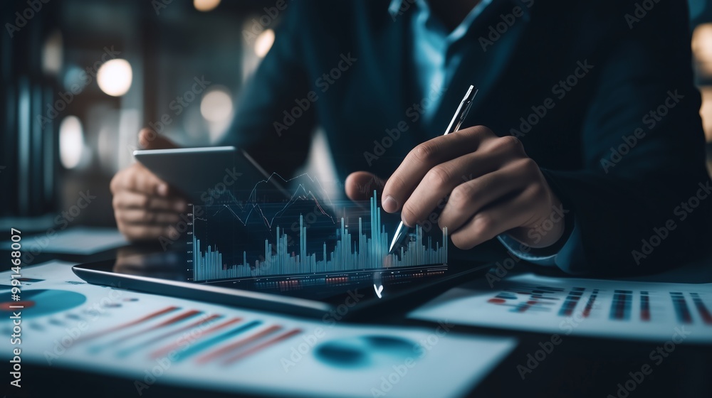 Aufkleber business professional analyzing financial data on tablet with graphs and charts in modern office set