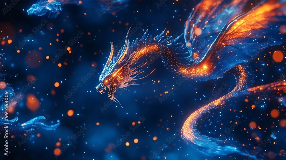 Aufkleber Abstract flying dragons on a dark blue background Technological background for design on the topic of artificial intelligence neural networks big data Copy space : Generative AI