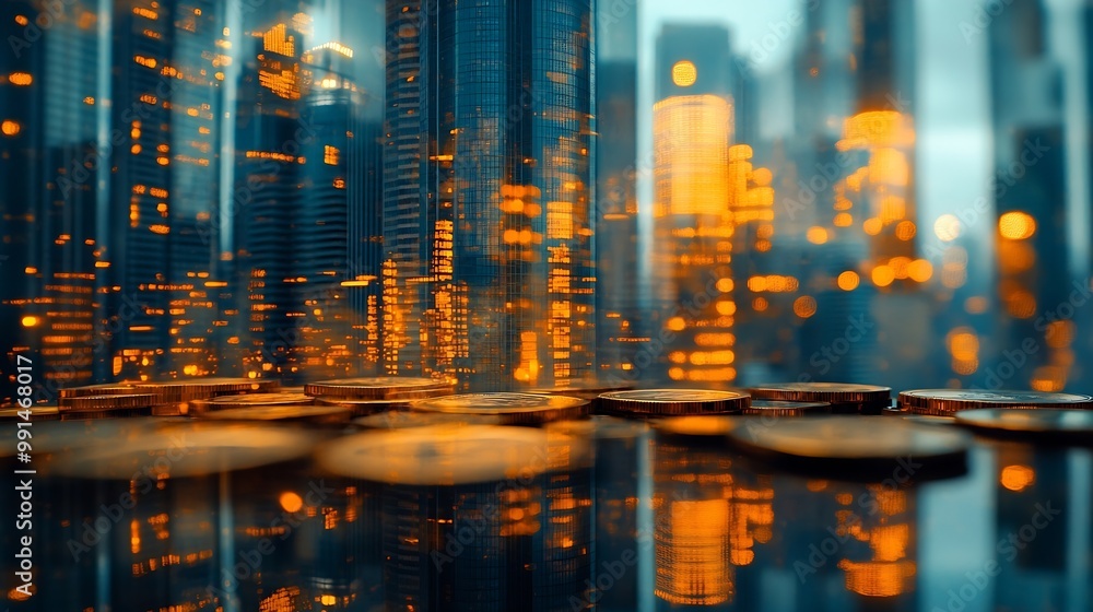 Poster double exposure of city and rows of coins for finance and banking concept : generative ai