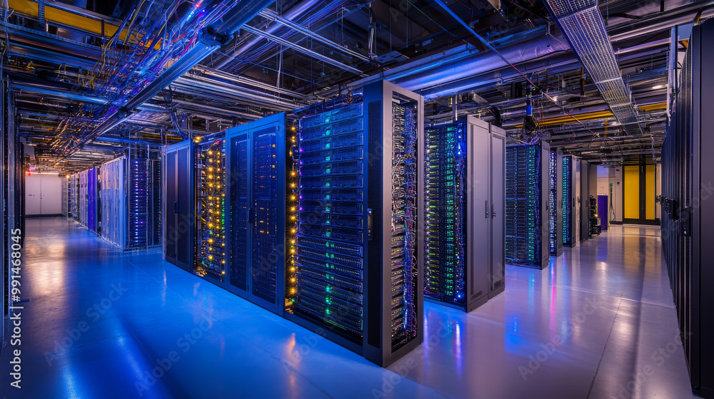 Poster a modern data center packed with powerful servers and supercomputers, showcasing cutting-edge techno