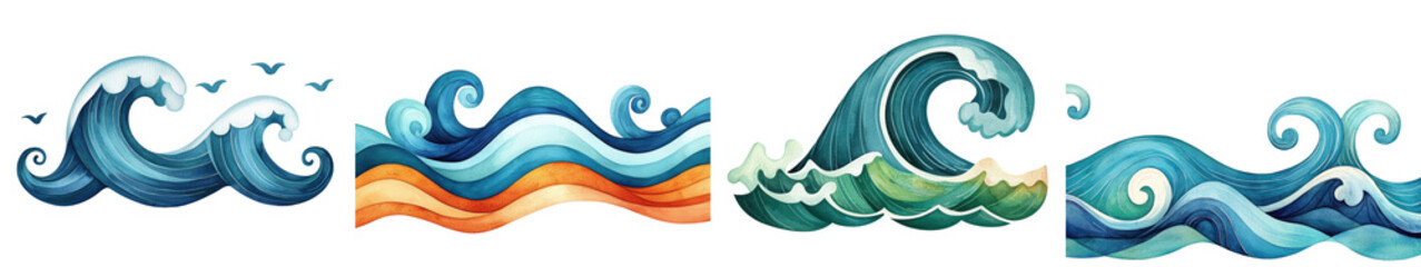 Colorful stylized ocean waves in various shapes, isolated on transparent background