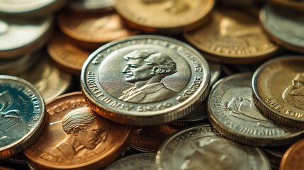 Pile of Golden coin silver coin copper coin quarters nickels dimes pennies fifty cent piece and dollar coins Various USA coins American coins for business money financial coins and eco : Generative AI