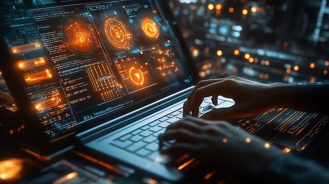 Digital technology concept Man programmer working on laptop for big data management computer code on futuristic virtual interface screen data mining digital software development data s : Generative AI