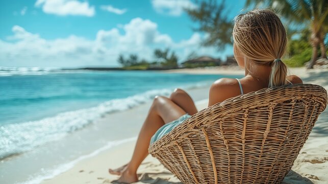 Young woman relaxing in wicker hammock on the sandy beach on Mauritius coast and enjoying wide ocean view waves Exotic countries vacation and mental health concept image : Generative AI