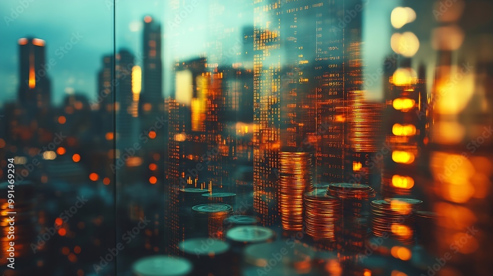 Aufkleber double exposure of city graph and rows of coins for finance and business concept : generative ai