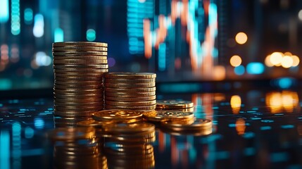 Financial investment concept Stack of coins for finance investor with trading graph growth Stock market Banking and financial Digital economy and cryptocurrency on dark background : Generative AI