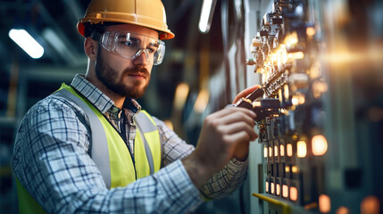 A man in safety gear operates control panels in an industrial setting, focused on managing electrical systems.