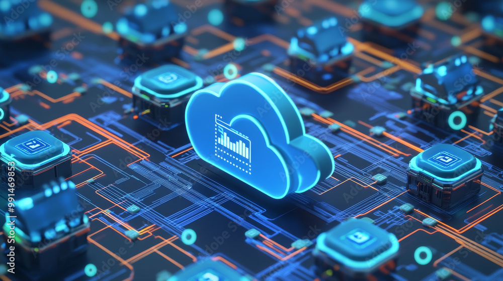 Poster this image shows how cloud computing and network security work together. it's like a 3d picture that