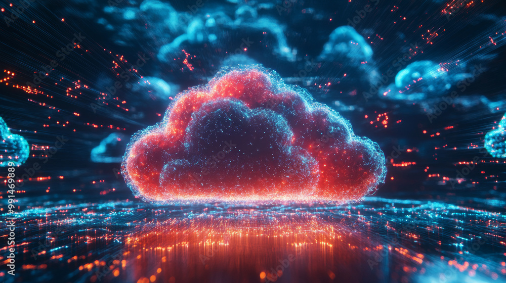 Poster this image shows how cloud computing and network security work together. it's like a 3d picture that