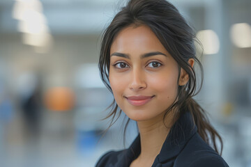 Obraz premium Close-up a young South Asian woman in black suit smiles warmly, happy at work.