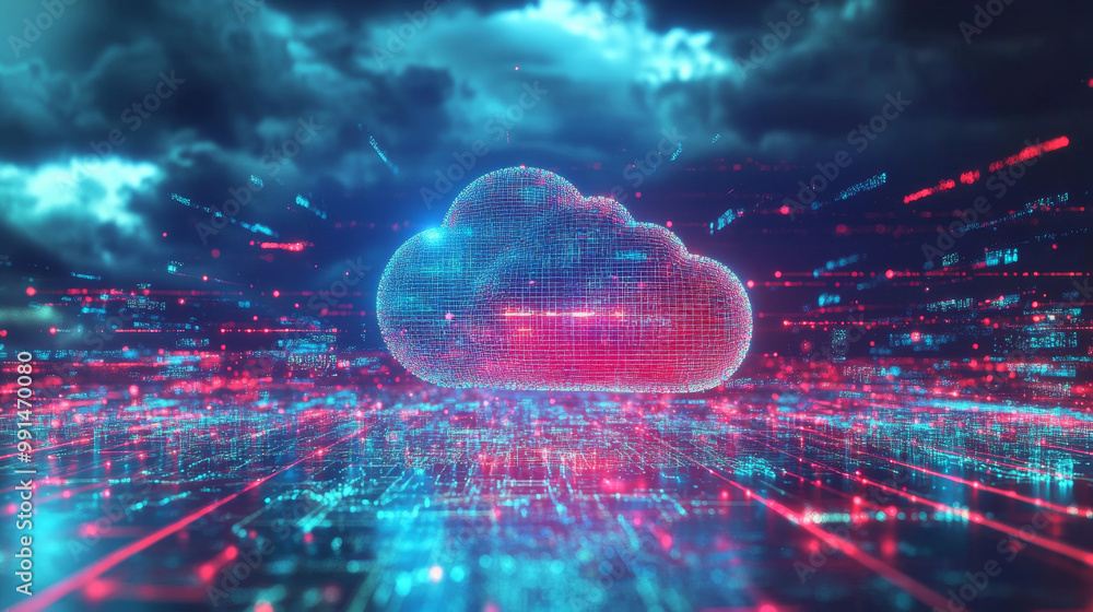 Poster this image shows how cloud computing and network security work together. it's like a 3d picture that