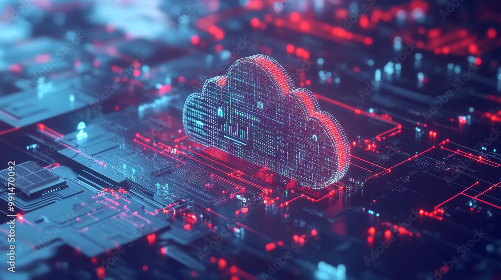 Poster this image shows how cloud computing and network security work together. it's like a 3d picture that