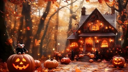 Obraz premium Whimsical Halloween House Surrounded by Pumpkins