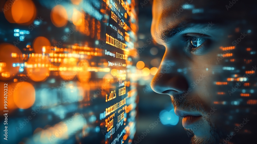 Poster Business and technology software development IoT concept Double exposure man programmer software developer working on digital tablet and smart city with binary html computer code on sc : Generative AI