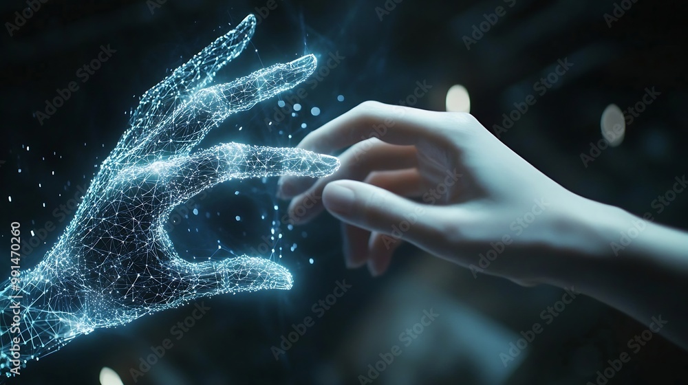 Fototapete AI Machine learning Hands of robot and human touching big data of Global network connection Internet and digital technology Science and artificial intelligence digital technologies of  : Generative AI