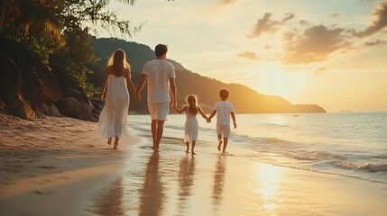 A elegant family in white summer clothing walks hand in hand down a tropical paradise beach during sunset tme and enjoys their vacation time : Generative AI