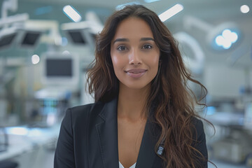 Fototapeta premium Close-up a young South Asian woman in black suit smiles warmly, happy at work.