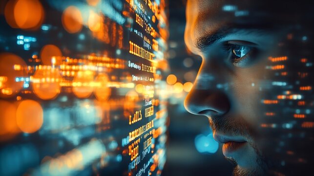 Business and technology software development IoT concept Double exposure man programmer software developer working on digital tablet and smart city with binary html computer code on sc : Generative AI