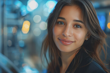 Obraz premium Close-up a young South Asian woman in black suit smiles warmly, happy at work.