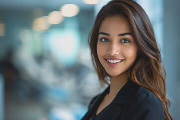 Obraz premium Close-up a young South Asian woman in black suit smiles warmly, happy at work.