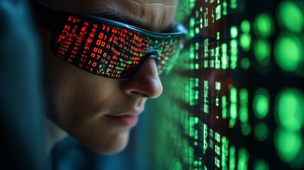 A Hacker's Focus: A Close Up of a Person Wearing Glasses Reflecting Code