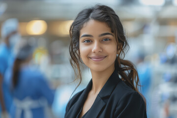 Obraz premium Close-up a young South Asian woman in black suit smiles warmly, happy at work.