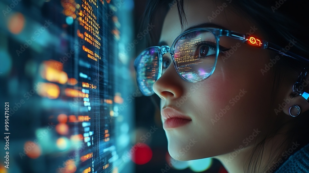 Leinwandbilder Software coding hologram and woman on tablet thinking of data analytics digital technology and night overlay Programmer or IT person in glasses on 3d screen programming and cybersecuri : Generative AI