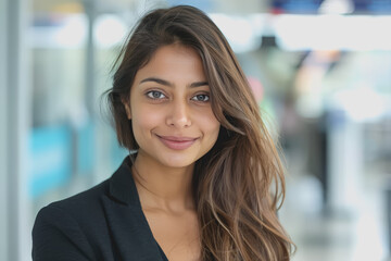 Obraz premium Close-up a young South Asian woman in black suit smiles warmly, happy at work.