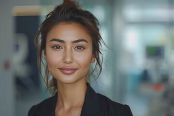 Obraz premium Close-up a young South Asian woman in black suit smiles warmly, happy at work.