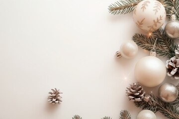 Christmas ornaments and pine branches on beige background. Festive winter holiday decoration