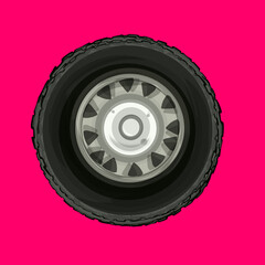 illustration of a car tire icon with a rim on a pink background
