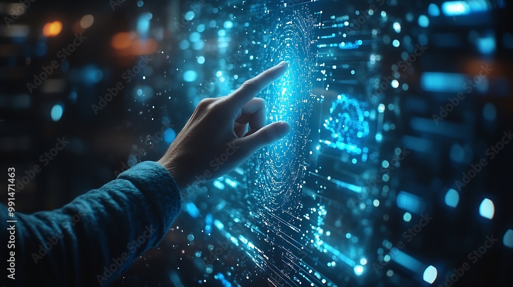 Poster Digital information technology concept Businessman touching artificial intelligence screen : Generative AI