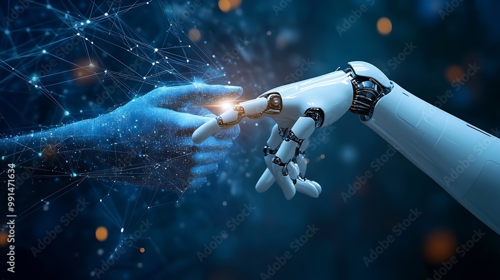 Aufkleber AI Machine learning Hands of robot and human touching on big data network connection background Science and artificial intelligence technology innovation and futuristic : Generative AI