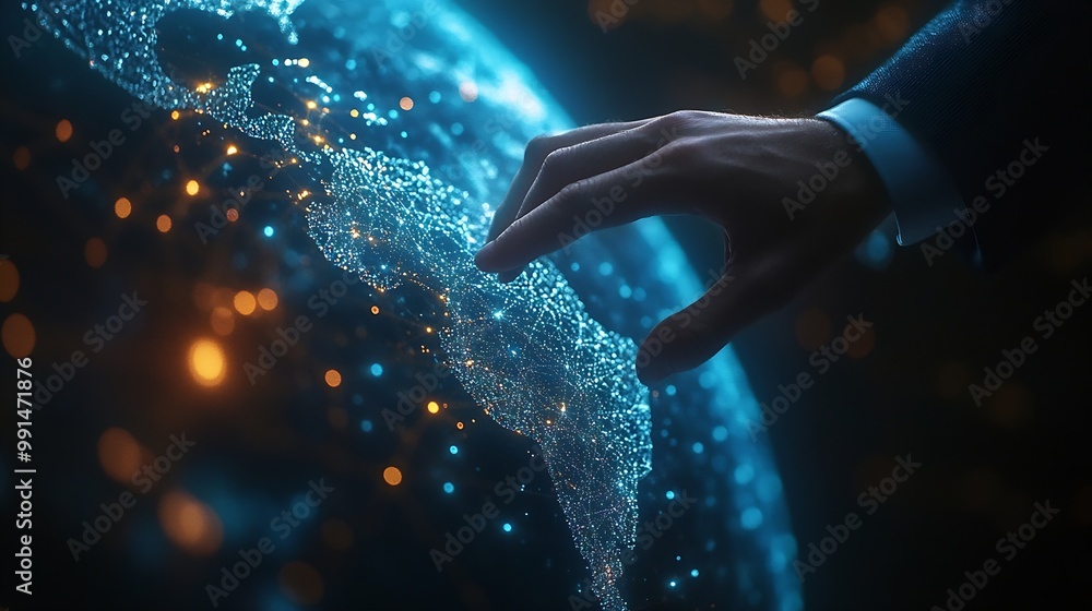 Poster Businessman touching global network and data exchanges over the world 3D rendering : Generative AI