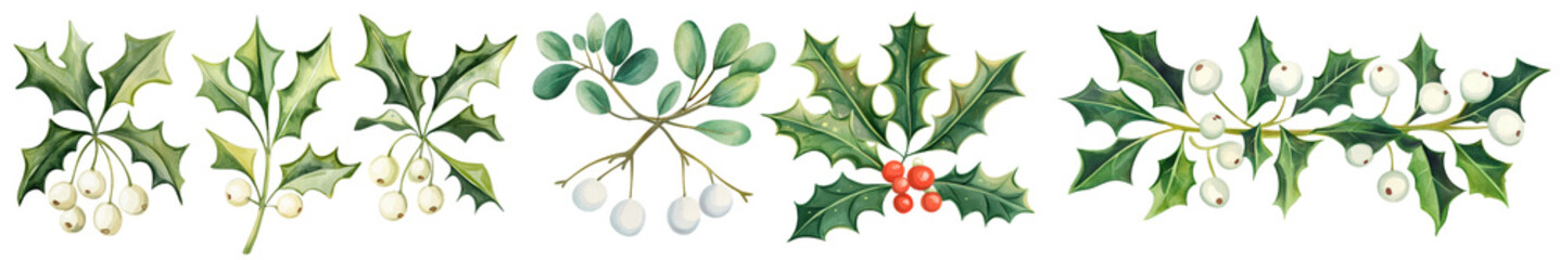 Mistletoe and holly branches with berries, isolated on transparent background